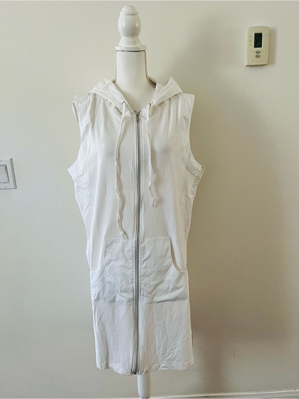 Sleeveless Hooded Zip-Front White Dress
